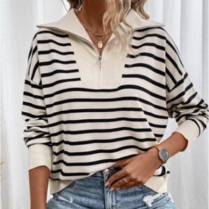 Harmonious Striped Half Zip Wide Collar Sweater